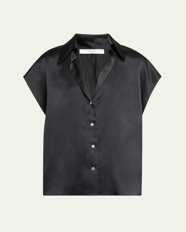 Cap-Sleeve Ruched-Back Silk Blous